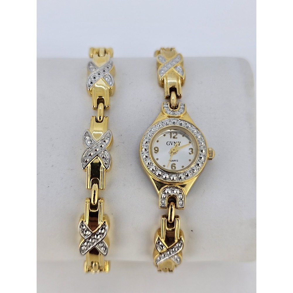 GVNY Women's Watch Bracelet Set 19MM‎ Gold Dial Gold Bands 6.5" NEW Battery READ